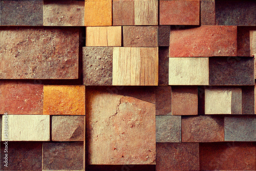 Beautiful wall with square tiles  wooden pattern  organic brick  seamless  generative ai
