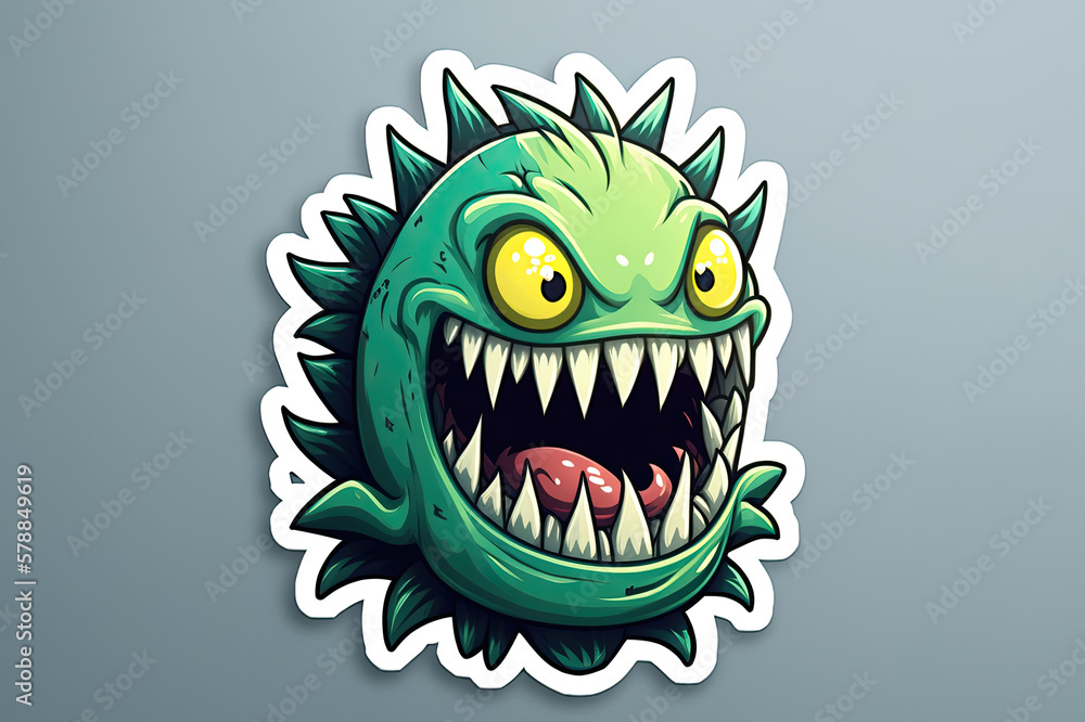 plant monster with yellow eyes and sharp teeth, sticker