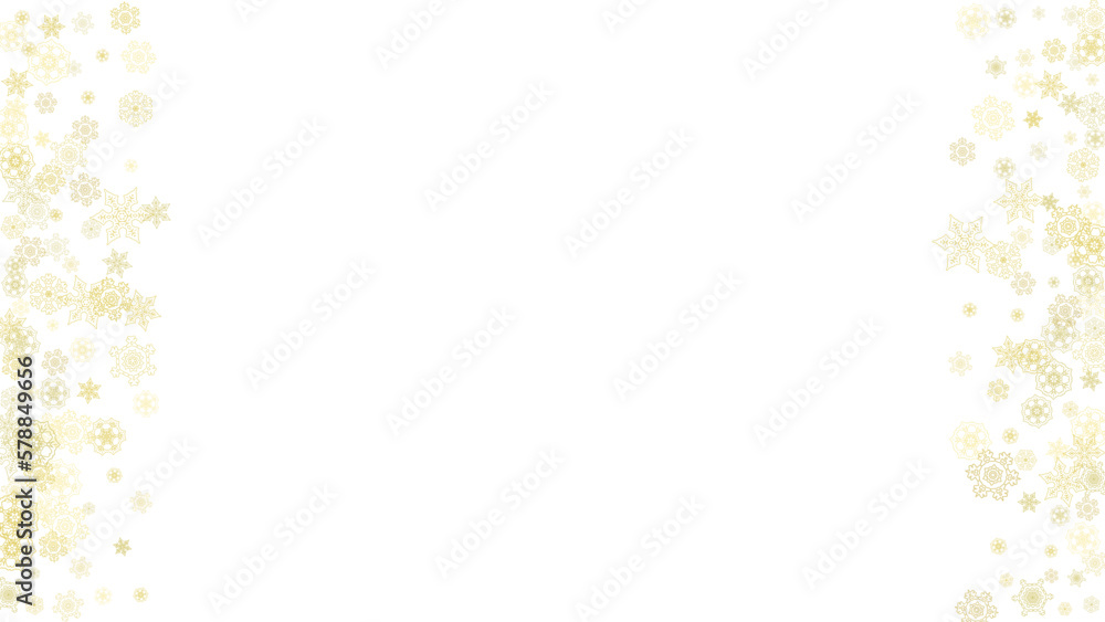 Glitter snowflakes frame on white horizontal background. Shiny Christmas and New Year frame for gift certificate, ads, banners, flyers. Falling snow with golden glitter snowflakes for party invite Glitter snowflakes frame on white horizontal background. Shiny Christmas and New Year frame for gift certificate, ads, banners, flyers. Falling snow with golden glitter snowflakes for party invite