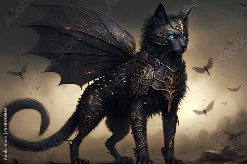 Black cat with wings and armor, bright blue eyes, game character
