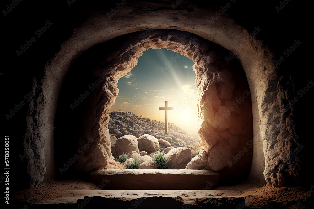 empty tomb of Jesus Christ at sunrise resurrection - obrazy, fototapety, plakaty 