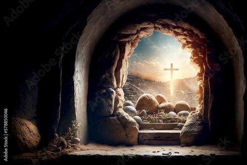 Fotografia, Obraz empty tomb of Jesus Christ at sunrise resurrection