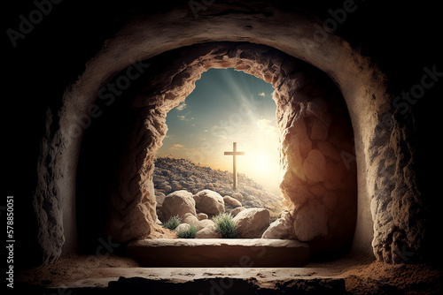 empty tomb of Jesus Christ at sunrise resurrection Fototapeta