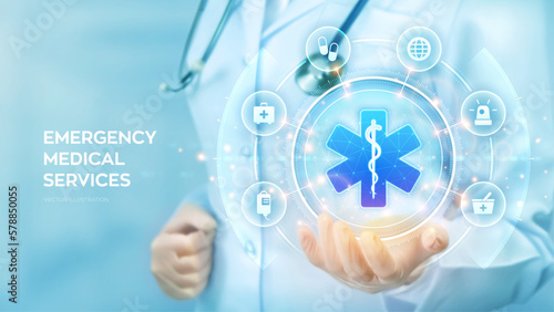 Emergency medical services concept. Doctor holding in hand the Emergency symbol. Online medical support. First aid. Medicine and healthcare application. Vector illustration.