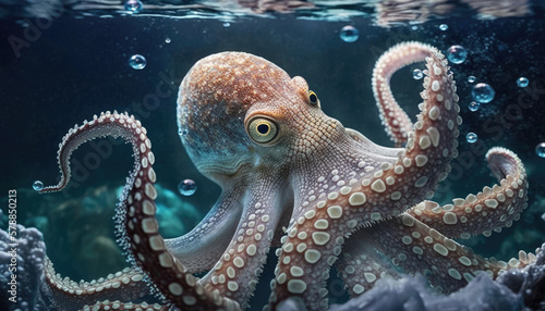 small octopus swims in an aquarium