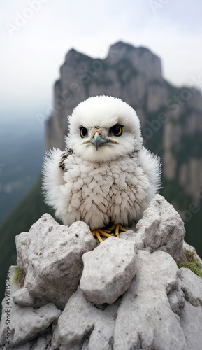 A white hawk chick on top of Zhangjiajie mountain spires. Generative AI