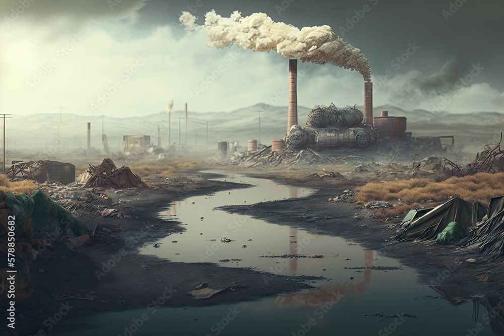 Polluted urban landscape filled with garbadge and smog