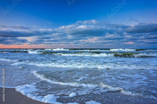 Fototapeta Naklejka Na Ścianę i Meble -  Beautiful Baltic sea beach on the Hel Peninsula at sunset. Poland