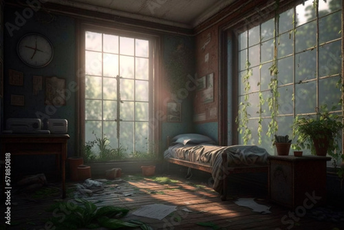 Abandoned room. Generative AI. Old, dusty, untidy bedroom with large windows, scattered bedding, antique furniture, and withered houseplants. Symbol of devastation, crisis, depression, loneliness.
