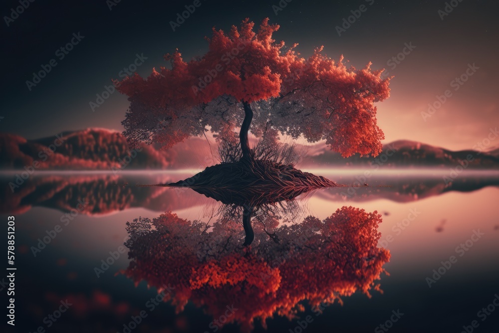 The beautiful, colorful landscape of a majestic, lonely tree with red color leaves.
