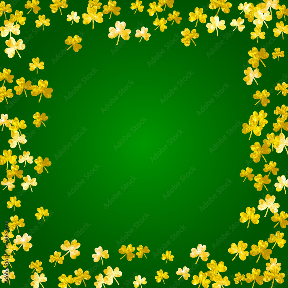 Shamrock background for Saint Patricks Day. Lucky trefoil confetti. Glitter frame of clover leaves.. Template for party invite, retail offer and ad. Dublin shamrock background.