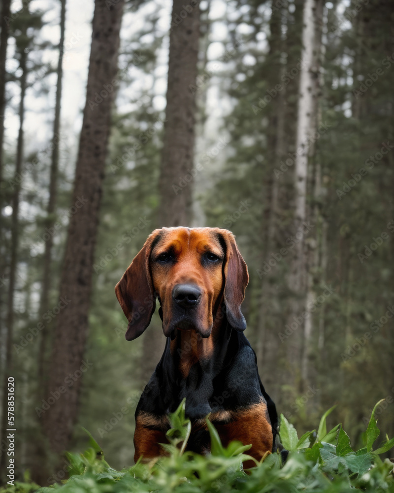 A beautiful bloodhound dog sitting in the middle of the forest and raised by Generative AI