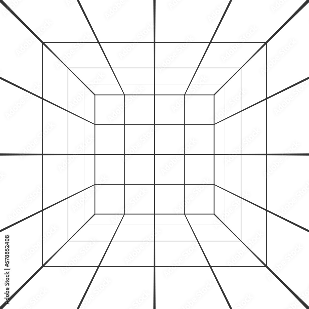 Square room, hallway, studio or portal wireframe in perspective on white background. Box grid structure. Engineering, architecting or technical isometric scheme - obrazy, fototapety, plakaty 