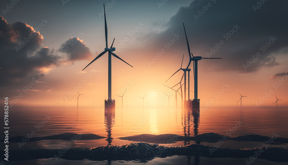 Offshore wind turbines in a calm sea at sunset. Generative AI