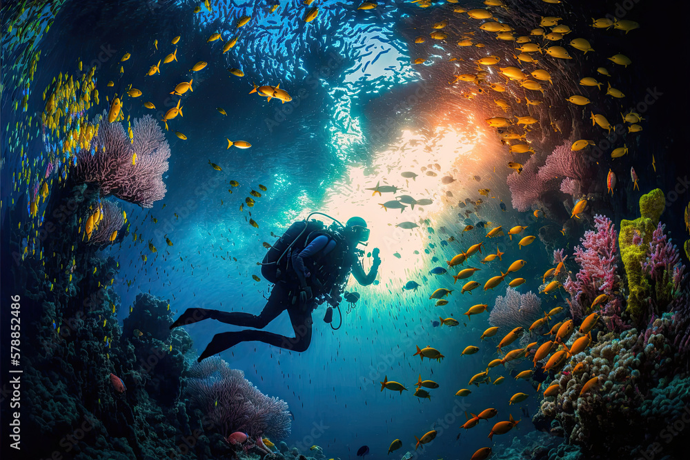 scuba diving in tropical ocean coral reef sea under water, scuba diver, diver, swim, caribbean, fiji, maldives, snorkel, marine life, aquatic, aqua blue, dive, travel, tourism - obrazy, fototapety, plakaty 