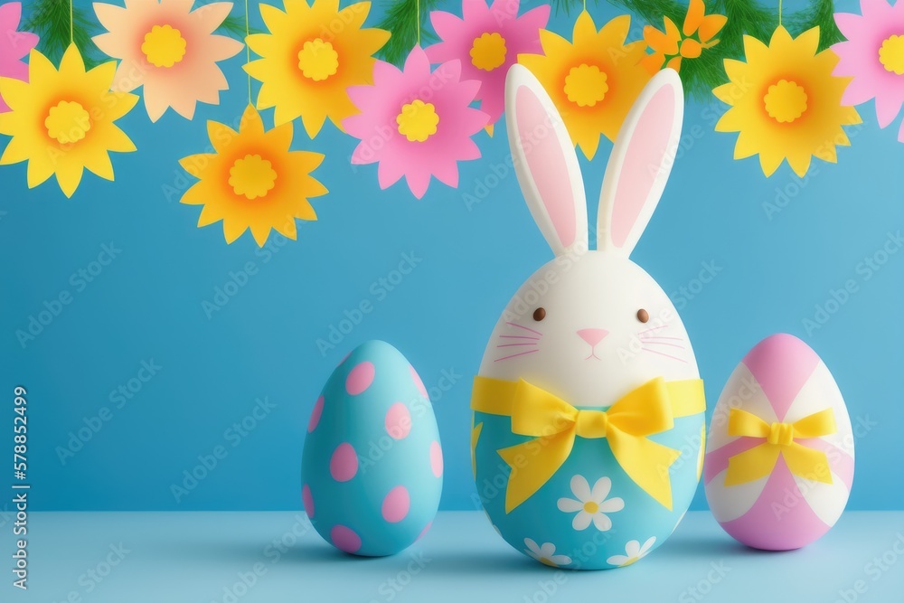 Colorful Easter eggs with cute little rabbit ears, holiday celebration, generative ai, pastelle color background Colorful Easter eggs with cute little rabbit ears, holiday celebration, generative ai, pastelle color background
