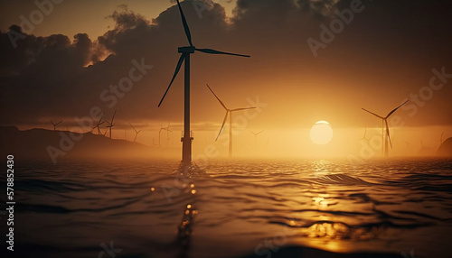 Offshore wind turbines in a calm sea at sunset. Generative AI