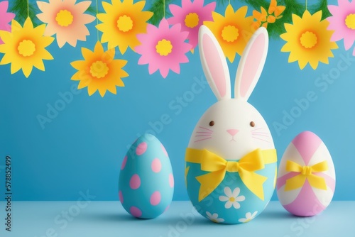 Colorful Easter eggs with cute little rabbit ears, holiday celebration, generative ai, pastelle color background