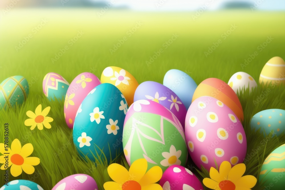 Basket of easter eggs on green grass, colorful eggs for celebration, generative ai, sunny day