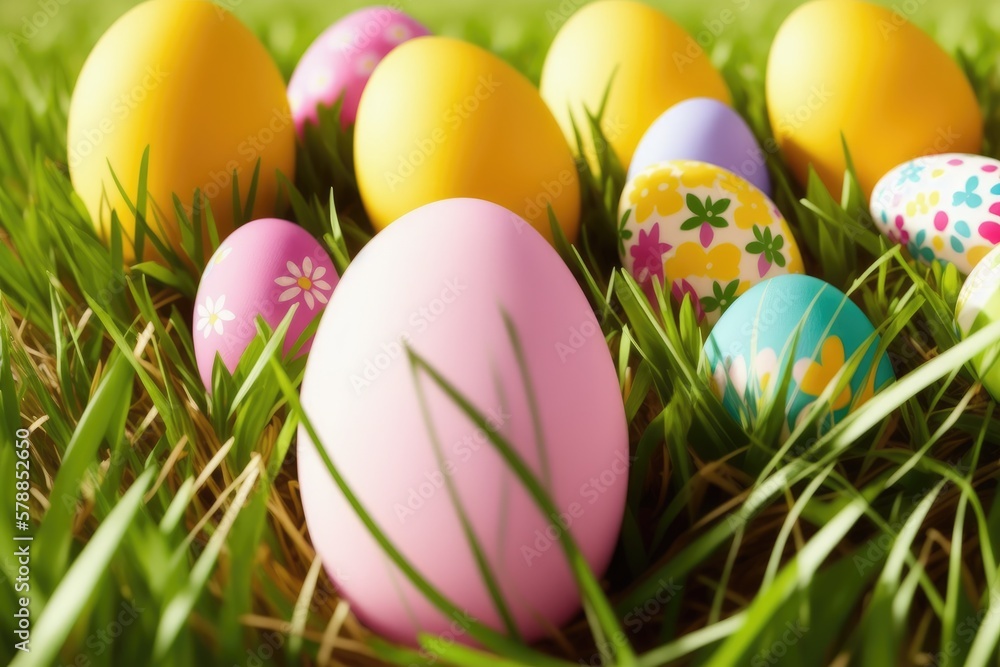 Basket of easter eggs on green grass, colorful eggs for celebration, generative ai, sunny day