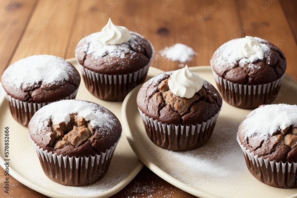 Delicious chocolate muffins with sugar powder, on dark background, generative ai, selective focus Delicious chocolate muffins with sugar powder, on dark background, generative ai, selective focus