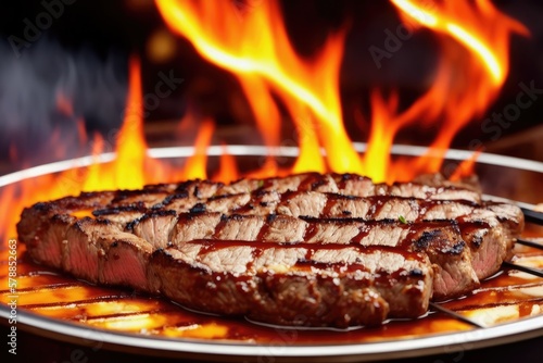 Steak is cooking on a grill with flames in the backgroung, generative ai, tasty beef meat