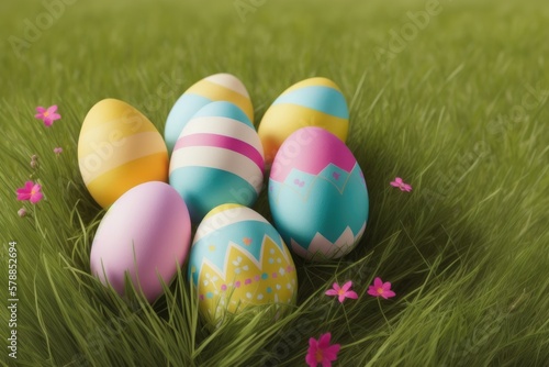 Basket of easter eggs on green grass  colorful eggs for celebration  generative ai  sunny day