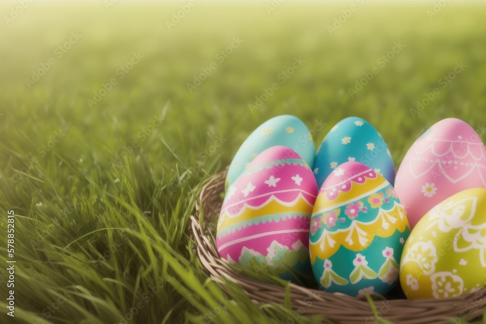 Basket of easter eggs on green grass, colorful eggs for celebration, generative ai, sunny day Basket of easter eggs on green grass, colorful eggs for celebration, generative ai, sunny day
