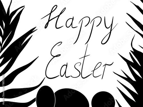 frame with palm leaves. tropical border. happy easter black and white background