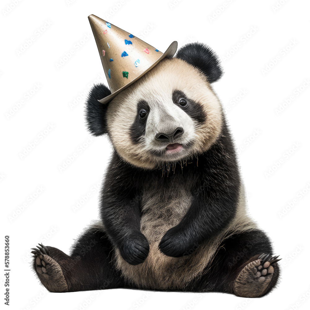 Obraz premium panda bear with birthday hat isolated on png background.