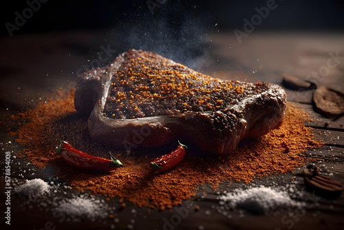 Grilled beef steak with barbecue sauce on dark background. Rosemary and spices. Copy space. Food design. Delicious dish. Artistic blur. Generative AI technology.
