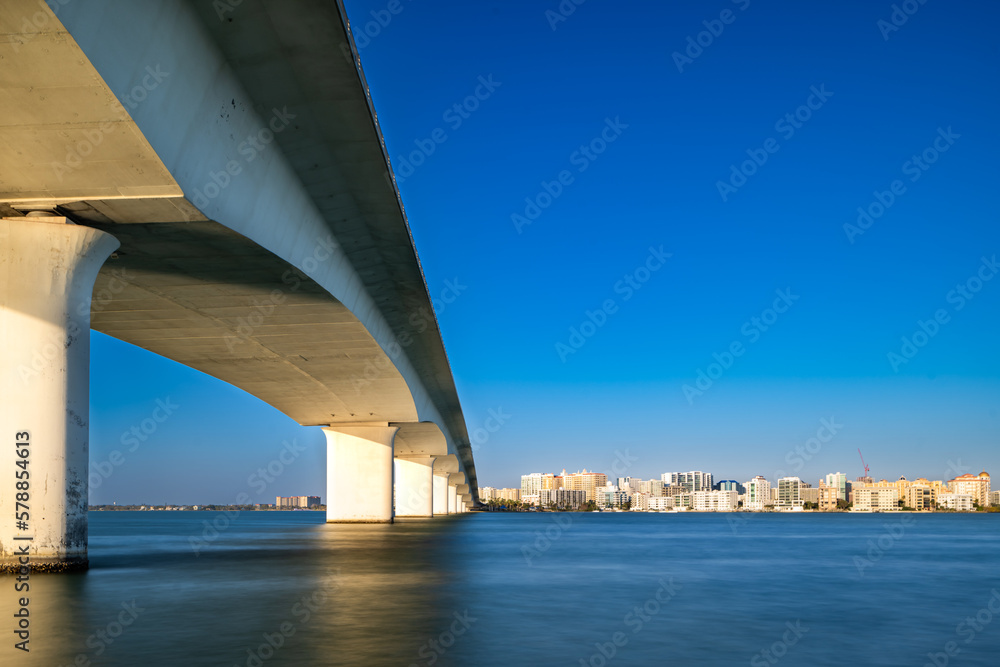 Late afternoon image of the Sarasota, Florida Skyline and Bridge Across Sarasota Bay