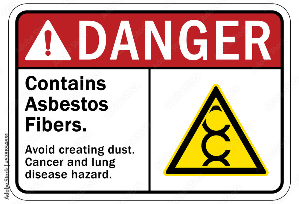 Obraz premium Asbestos chemical hazard sign and labels contains asbestos fibers. Avoid creating dust. Cancer and lung disease hazard