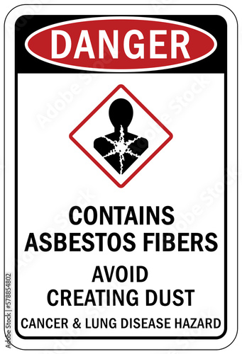 Asbestos chemical hazard sign and labels contains asbestos fibers, avoid creating dust