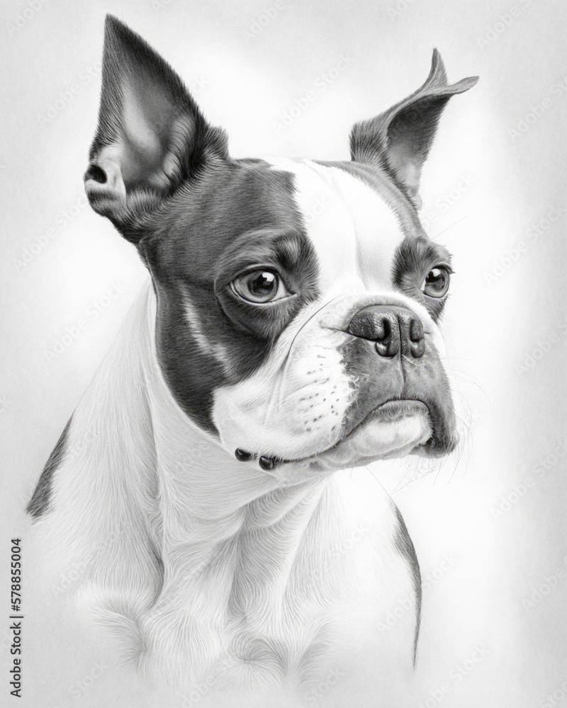 Boston Terrier Dog Portrait Pencil Sketch
