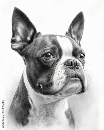 Boston Terrier Dog Portrait Pencil Sketch photo