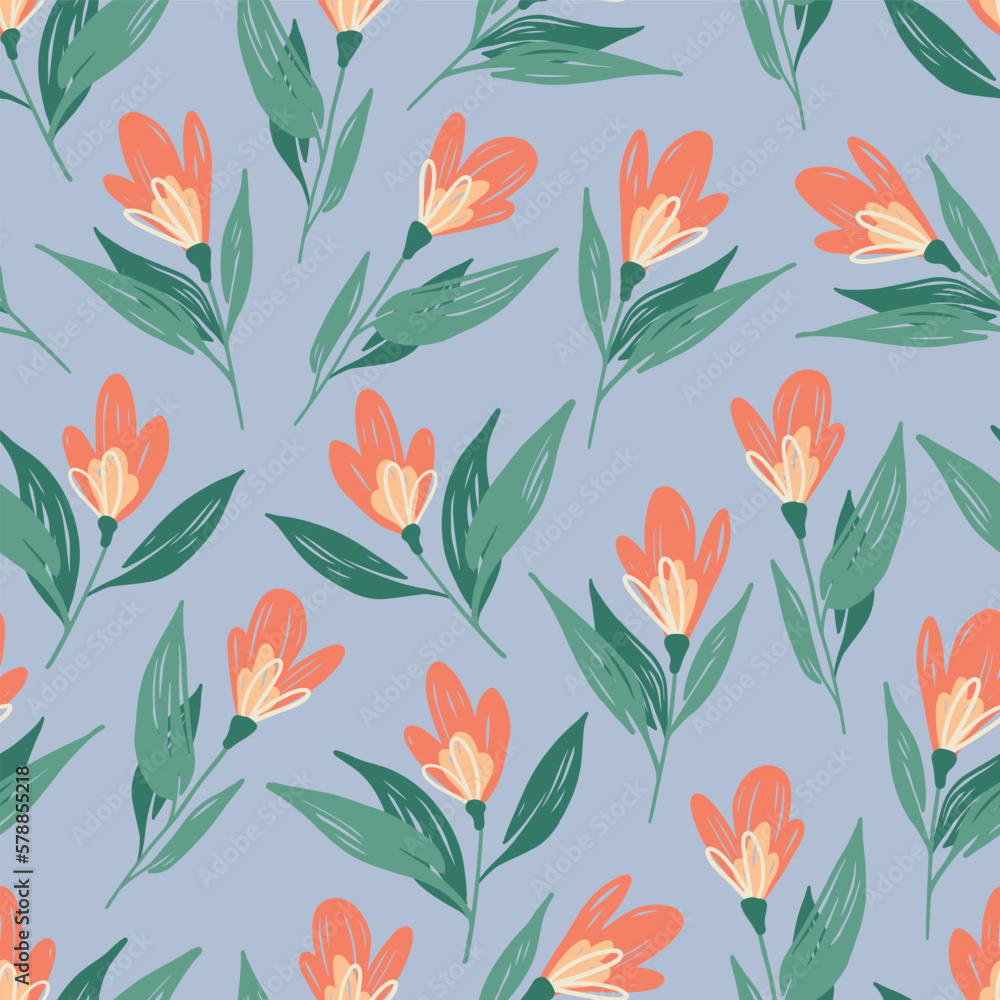 Orange Flowers on Blue Floral Seamless Vector Repeat Pattern