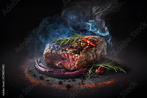 Roasted beef steak with spices on a dark background. Selective focus. Roasting beef. Delicious dish. Generative AI technology.