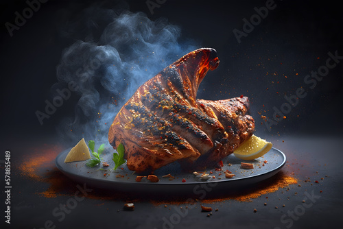 Roasted beef steak with spices on a dark background. Selective focus. Roasting beef. Delicious dish. Generative AI technology.