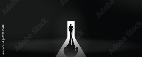 Man in the dark walking toward of a shiny illuminating white open door of new room with opportunity and hope