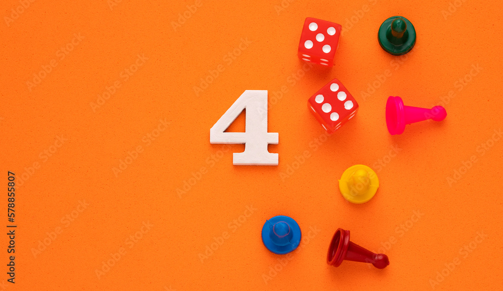 Number 4 with dice and board game pieces - Orange eva rubber background