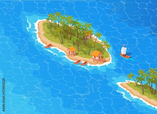 Isometric tropical island with palms, boats and small huts