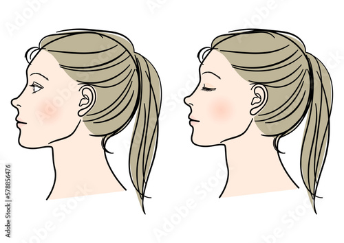 アップヘアの目を開けた女性と目を閉じた女性のイラストセット 上半身横顔アップのバリエーション