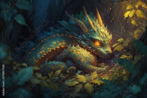Beautiful dragon in the night forest  selective focus. AI generated  human enhanced
