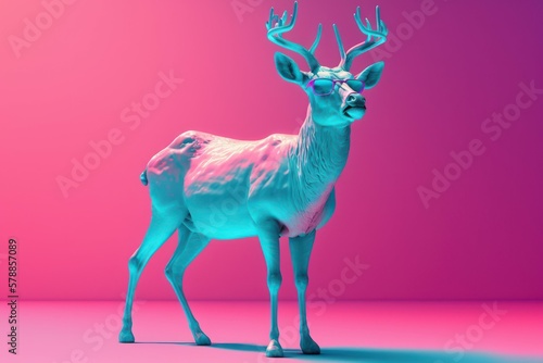 Photographie Neon cyberpunk futuristic portrait of reindeer with large strong horns and sunglasses