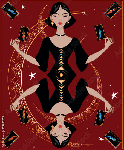 A playing card of a lady holding tarot cards depicting swords against a background of golden crescents.