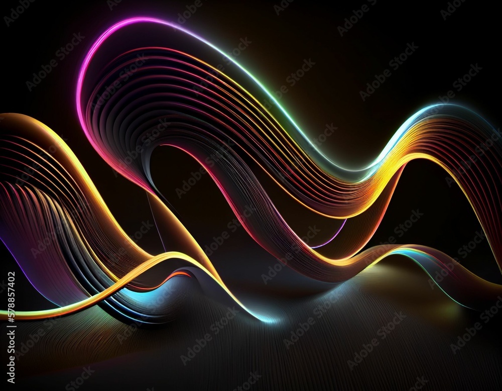 Futuristic wallpaper.  Colorful neon wavy lines glowing in the dark reflecting off the floor against a black background.  Generative AI