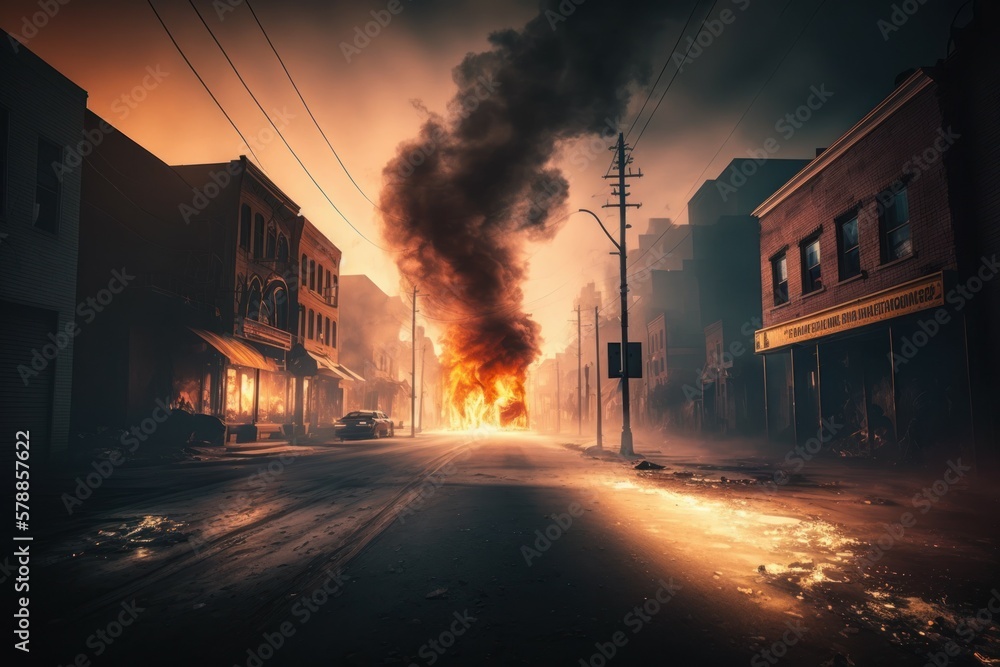 A burned city street with no life apocalyptic scene, selective focus. AI generated, human enhanced