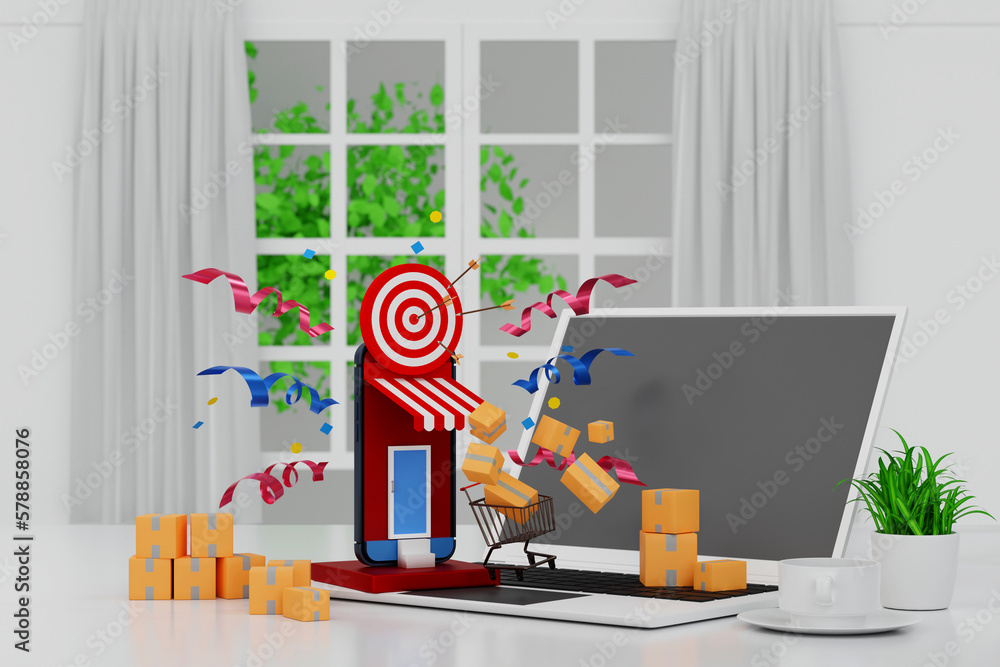 Concept of online shopping on website store with smartphone, trolley and parcel decoration. 3D rendering.