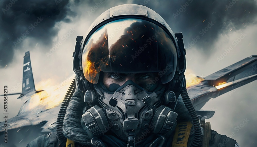 Pilot soldier in helmet in cockpit fighter plane, war. Generative AI Pilot soldier in helmet in cockpit fighter plane, war. Generative AI